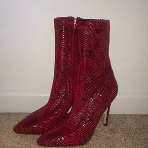 SIMMI London Faux Snake Print Sock Heel in Red US9